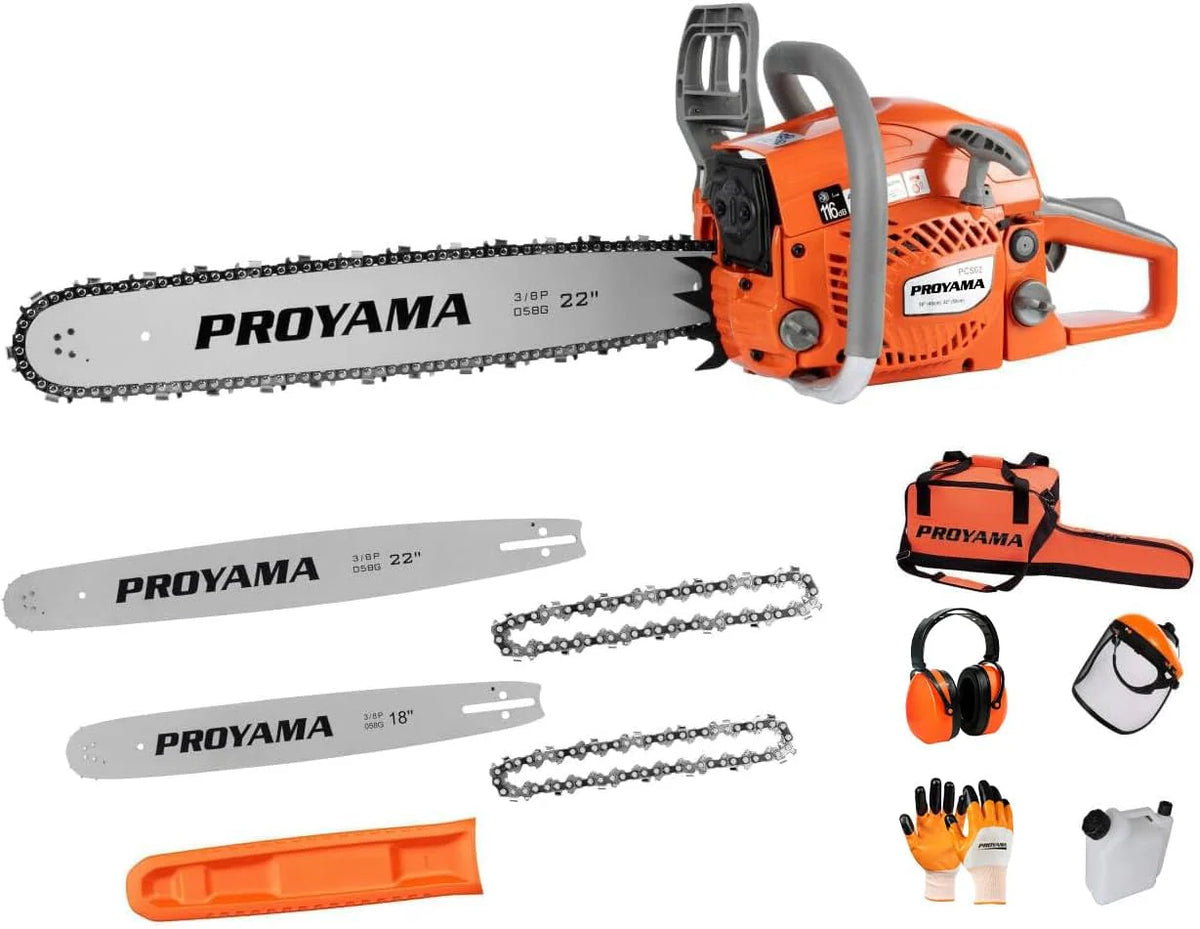 Proyama 62Cc 2-Cyklowa Piła Łańcuchowa Zasilana Gazem, Ręczna Akumulatorowa Piła Łańcuchowa Benzynowa 56 Cm, Do Cięcia Drewna Drzewnego(62Cc 18In+22In