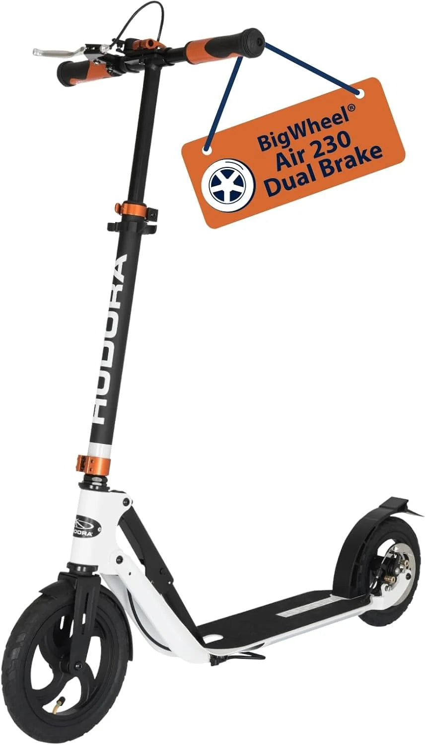 Hudora Bigwheel Air Dual Brake Hulajnoga Pneumatyczna Z Hamulcem Ręcznym, Z Oponami Pneumatycznymi, Hulajnoga Miejska(230 Mm/Czarny/Biały)