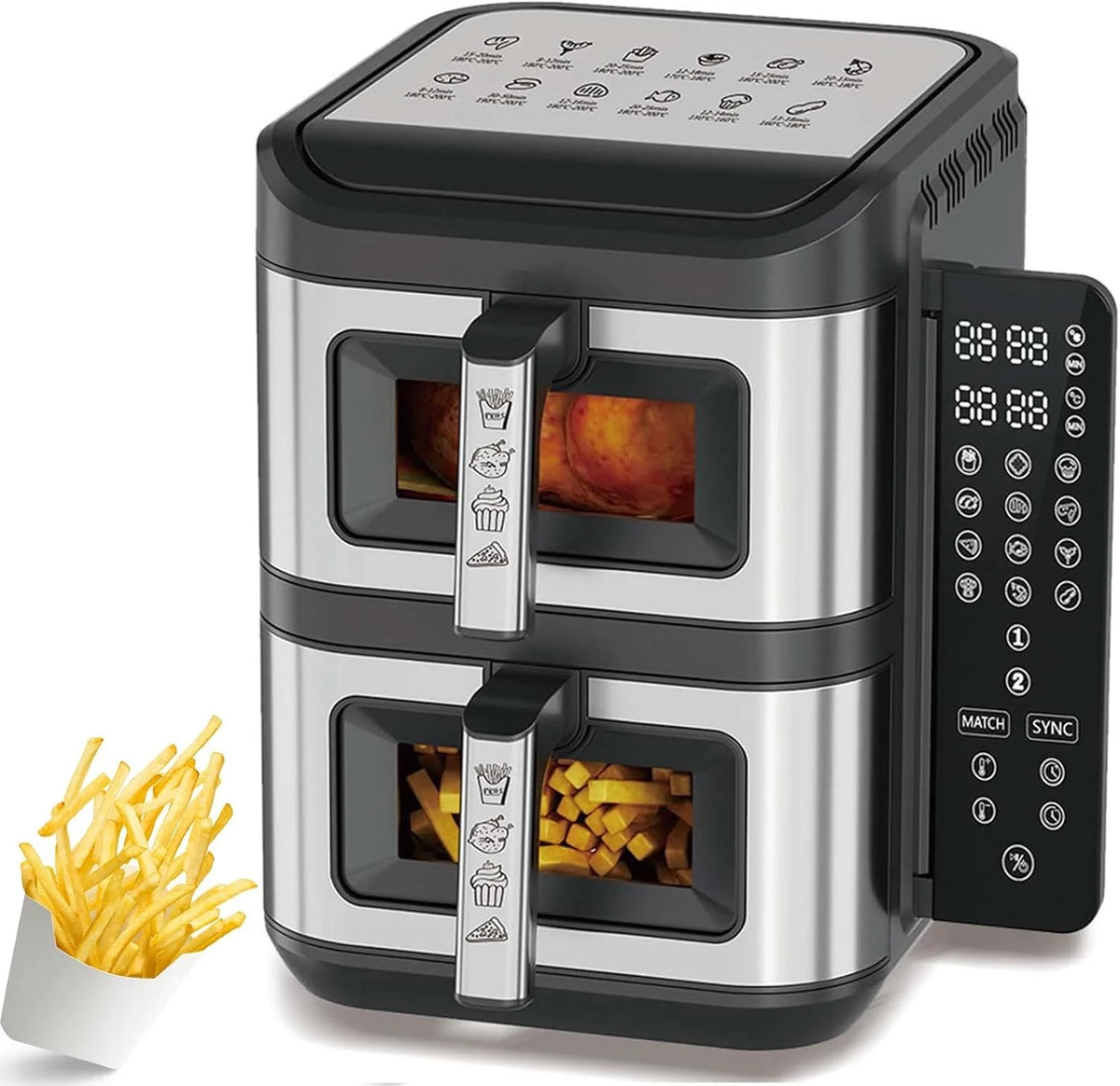 12L Dual Basket Air Fryer – Dual 6L Oil-Free Air Fryer With Slim Vertical Design, Cyclone Air Technology, Foldable Touchscreen, 10 Presets Dual Cook S