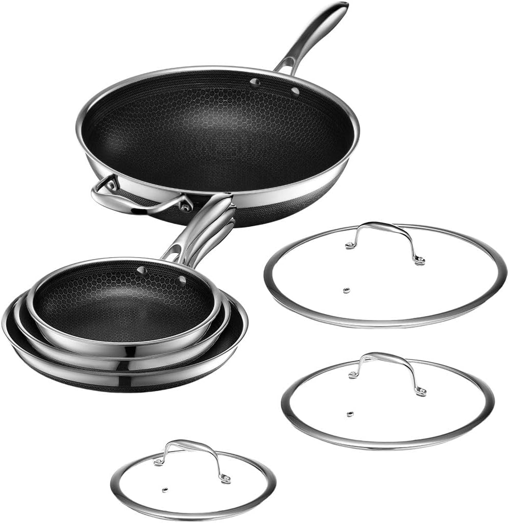 Hexclad 7-Teiliges Hybrid-Edelstahl-Kochgeschirr-Set Mit Deckel Und Wok - Metallbesteck Und Spülmaschinenfest, Induktionsgeeignet, Pfoa-Frei, Leicht Z